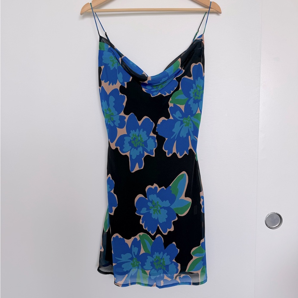 Runaway blue floral mini cowl neck dress
